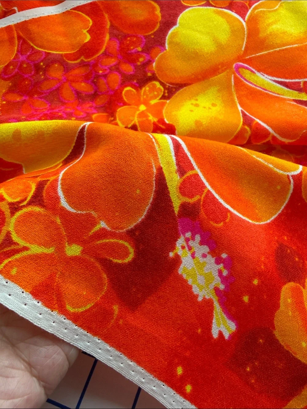 Vintage 1970s Orange Tropical Hibiscus Fabric 1⅔ Yards 44” Retro Mod Polyester